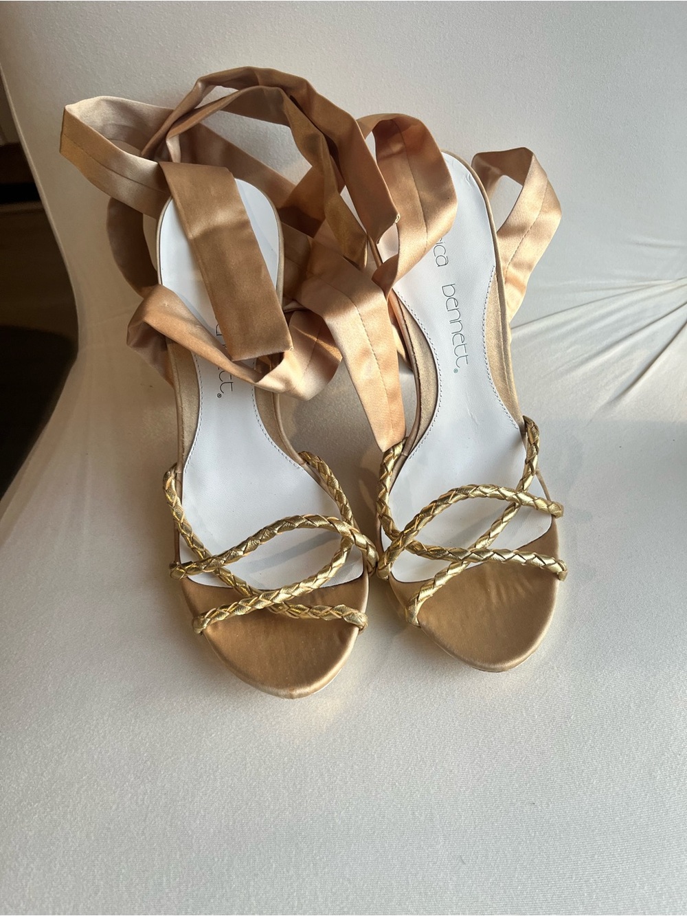 Gold Braided Satin Lace-Up Heels